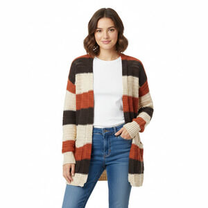 Kate & Sam Knit Cardigan Womens Small Orange Brown Striped Fall Cozy Layers